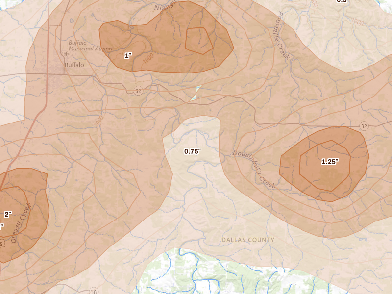 Radar-estimated hail-size map of the storm over Elkland, MO on Apr 26, 2026
