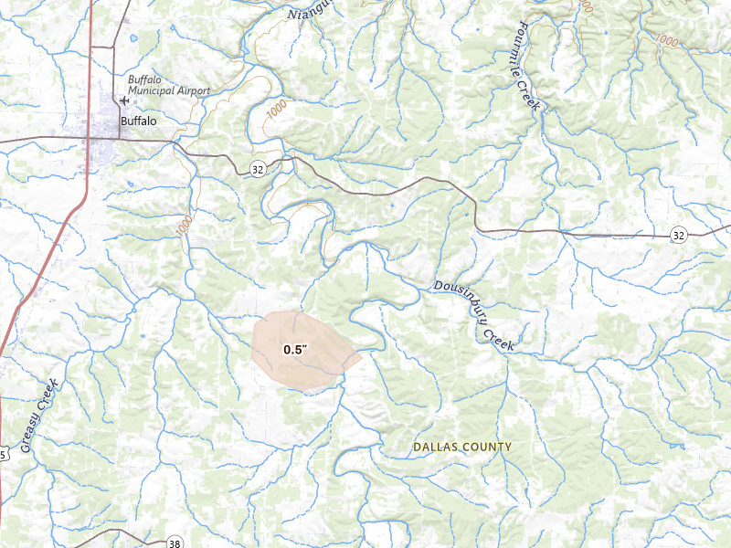 Radar-estimated hail-size map of the storm over Elkland, MO on Apr 27, 2026