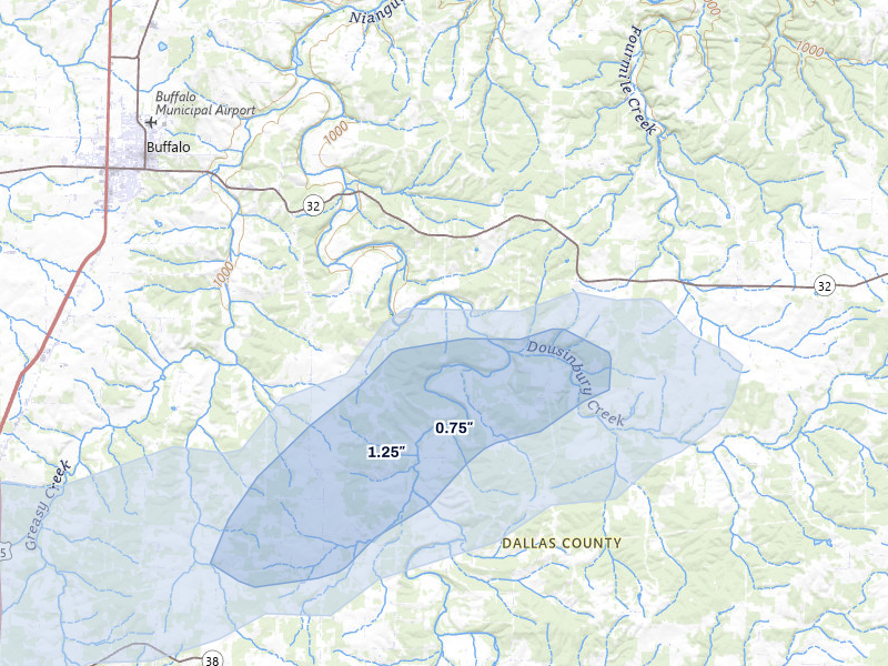 NEXRAD radar-signature map of the hail storm over Elkland, MO on Apr 27, 2026