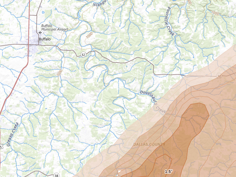 Radar-estimated hail-size map of the storm over Elkland, MO on Apr 28, 2026