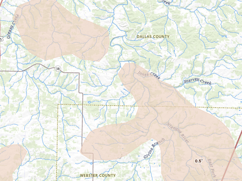 Radar-estimated hail-size map of the storm over Elkland, MO on Aug 6, 2026