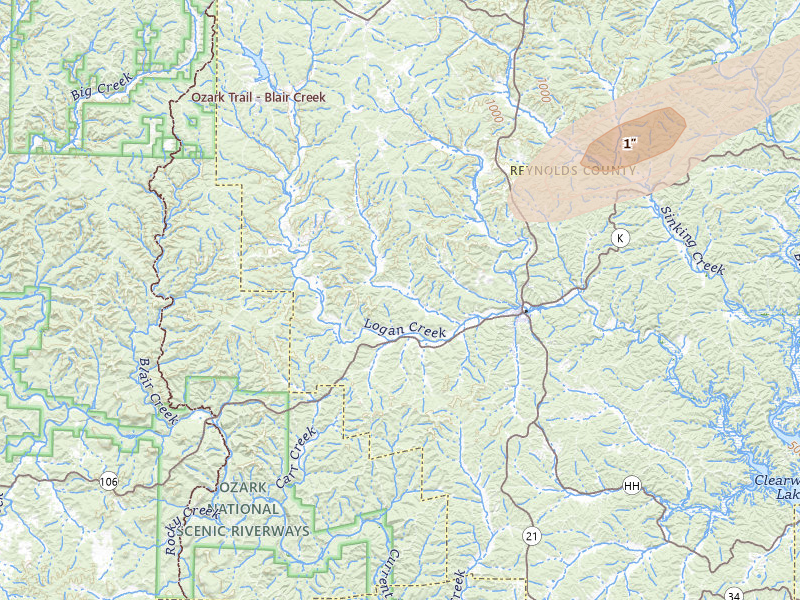 Radar-estimated hail-size map of the storm over Ellington, MO on Apr 1, 2026