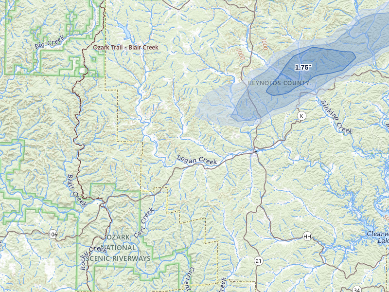 NEXRAD radar-signature map of the hail storm over Ellington, MO on Apr 1, 2026