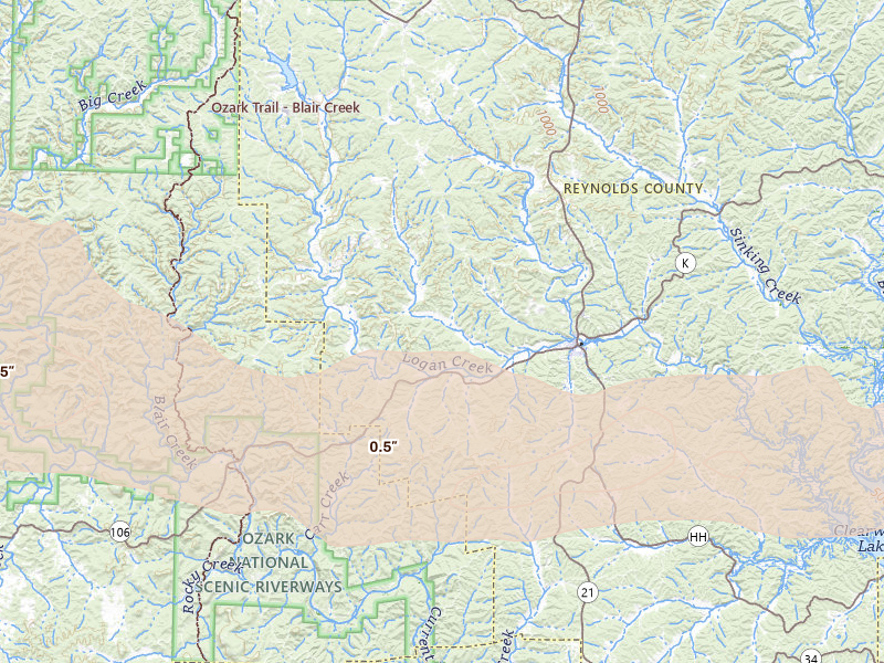 Radar-estimated hail-size map of the storm over Ellington, MO on Apr 27, 2026