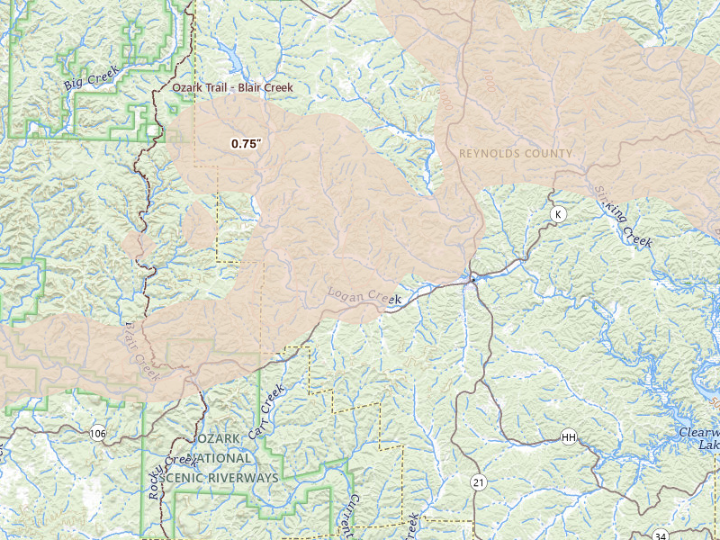 Radar-estimated hail-size map of the storm over Ellington, MO on Jul 9, 2026