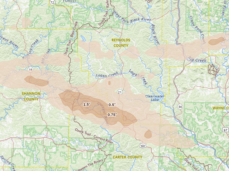 Radar-estimated hail-size map of the storm over Ellington, MO on Aug 19, 2026