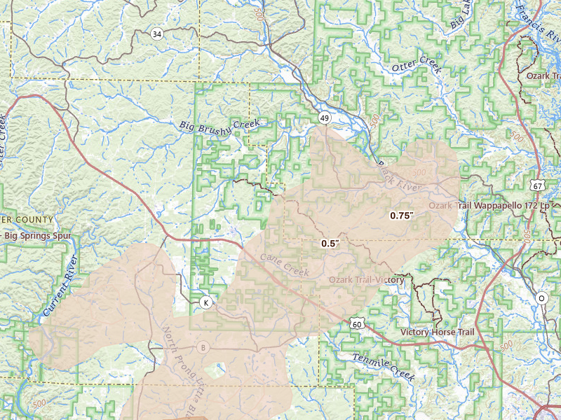 Radar-estimated hail-size map of the storm over Ellsinore, MO on Apr 26, 2026