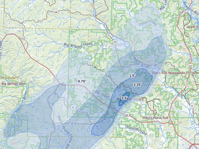 NEXRAD radar-signature map of the hail storm over Ellsinore, MO on Apr 26, 2026