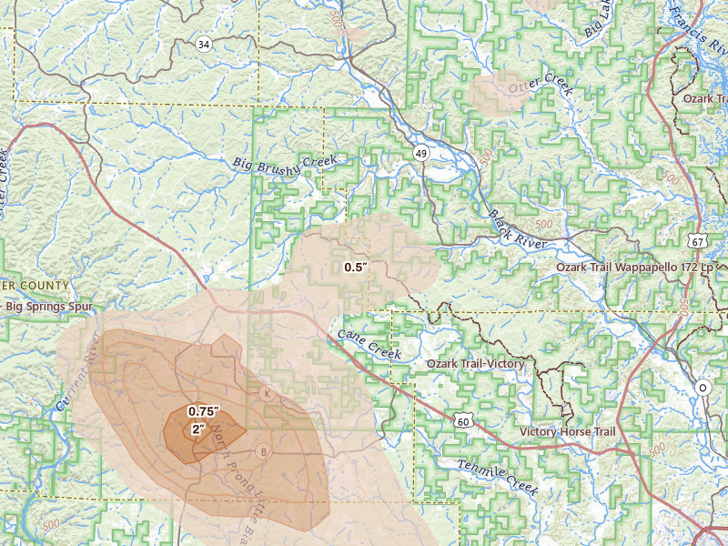 Radar-estimated hail-size map of the storm over Ellsinore, MO on May 31, 2026