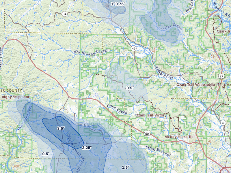 NEXRAD radar-signature map of the hail storm over Ellsinore, MO on May 31, 2026