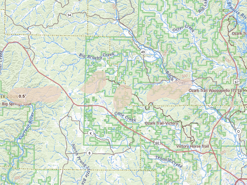 Radar-estimated hail-size map of the storm over Ellsinore, MO on Jun 11, 2026
