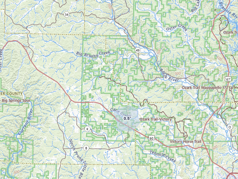 NEXRAD radar-signature map of the hail storm over Ellsinore, MO on Jul 8, 2026