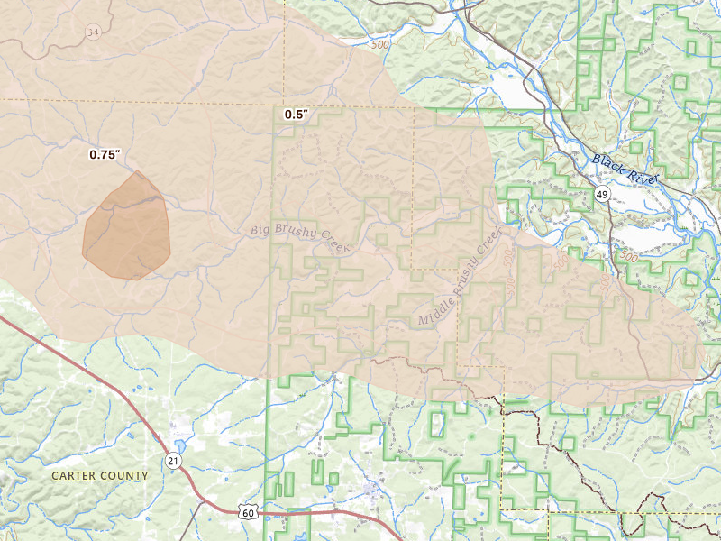 Radar-estimated hail-size map of the storm over Ellsinore, MO on Aug 19, 2026
