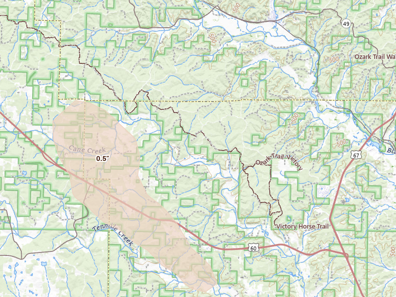 Radar-estimated hail-size map of the storm over Ellsinore, MO on Aug 26, 2026