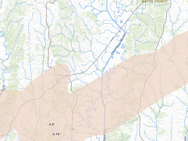 Radar-estimated hail-size map of the storm over Elmer, MO on Mar 10, 2026
