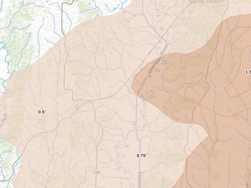Radar-estimated hail-size map of the storm over Elmer, MO on Jun 11, 2026