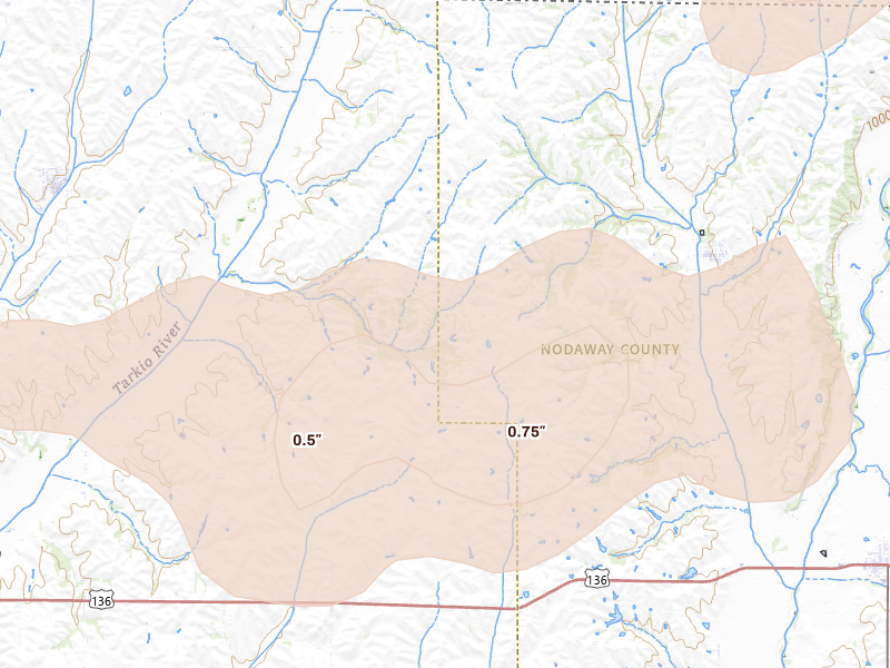 Radar-estimated hail-size map of the storm over Elmo, MO on May 16, 2026