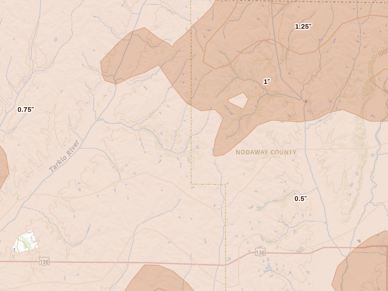 Radar-estimated hail-size map of the storm over Elmo, MO on May 18, 2026