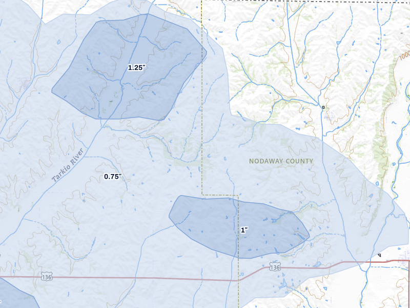 NEXRAD radar-signature map of the hail storm over Elmo, MO on Jul 3, 2026
