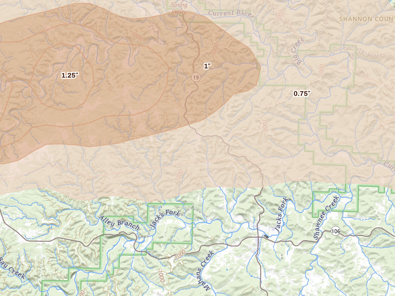 Radar-estimated hail-size map of the storm over Eminence, MO on Apr 27, 2026