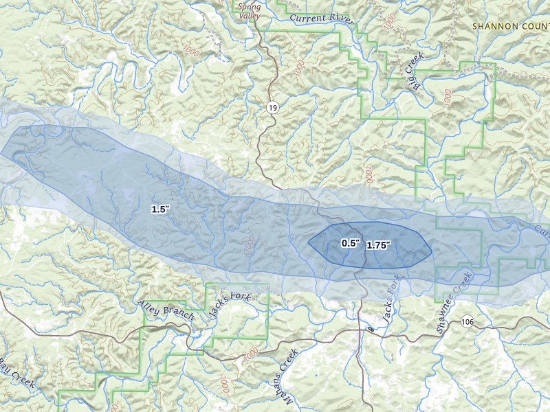 NEXRAD radar-signature map of the hail storm over Eminence, MO on May 31, 2026