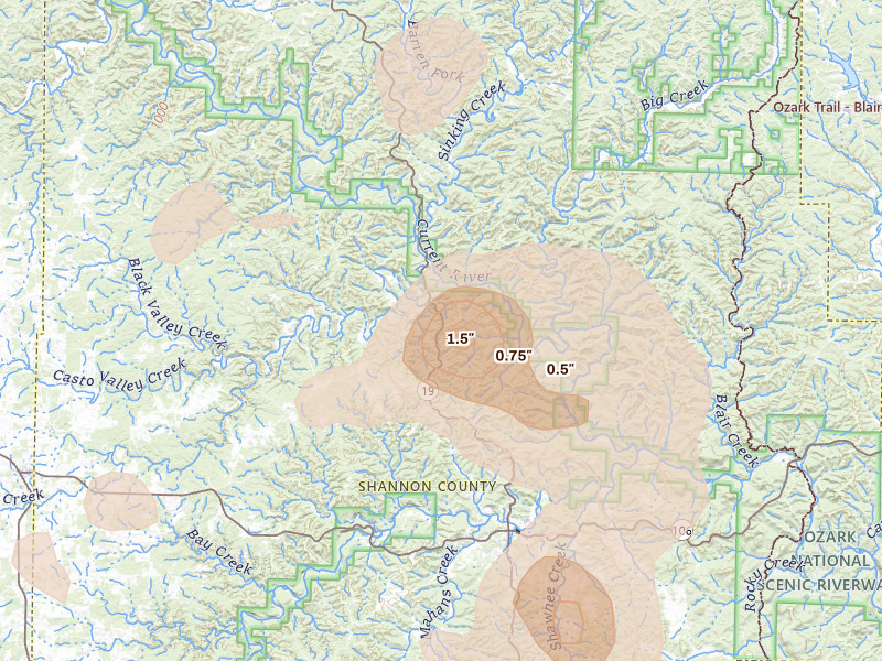 Radar-estimated hail-size map of the storm over Eminence, MO on Aug 7, 2026