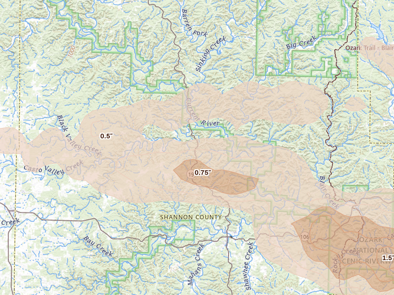 Radar-estimated hail-size map of the storm over Eminence, MO on Aug 19, 2026