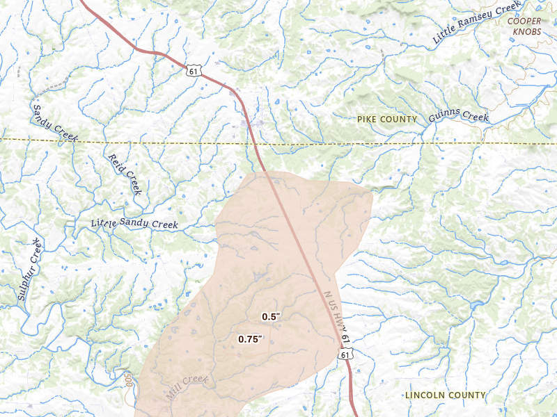 Radar-estimated hail-size map of the storm over Eolia, MO on Apr 17, 2026