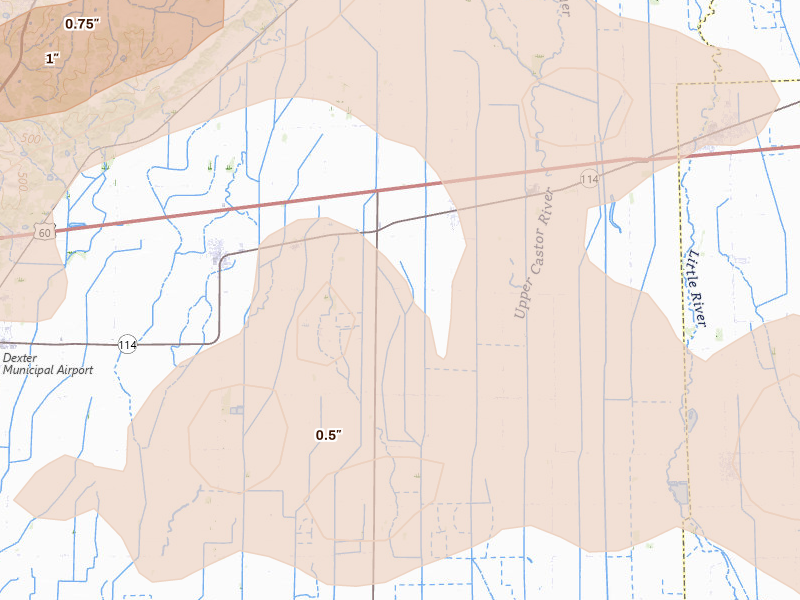Radar-estimated hail-size map of the storm over Essex, MO on Apr 16, 2026