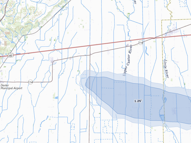 NEXRAD radar-signature map of the hail over Essex, MO