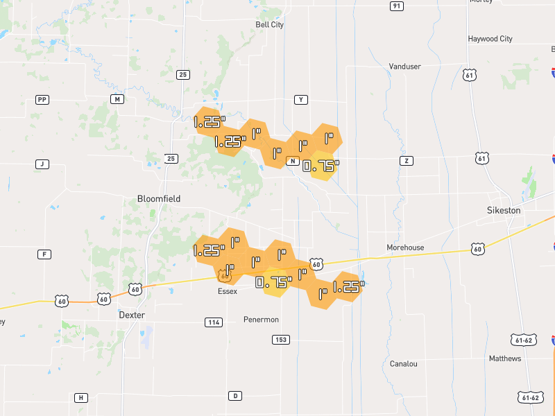 Hail map of Essex, MO on Jul 9, 2026, hail up to 1.25"