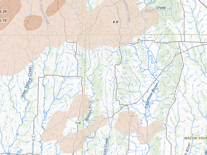 Radar-estimated hail-size map of the storm over Ethel, MO on Apr 17, 2026