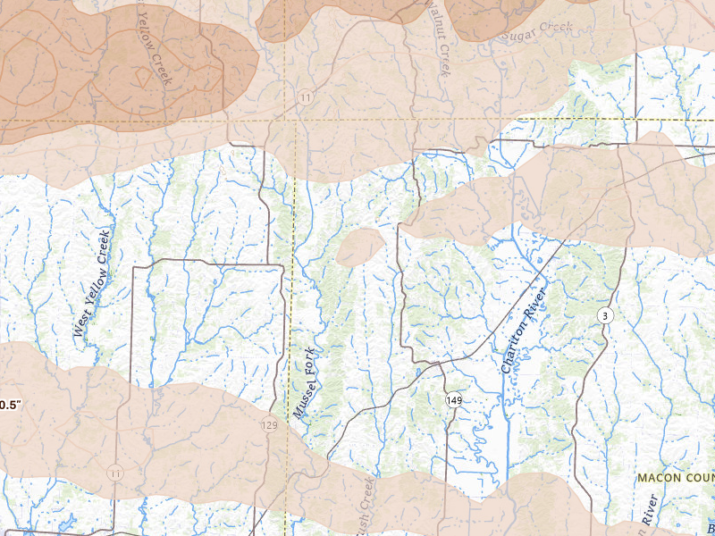 Radar-estimated hail-size map of the storm over Ethel, MO on Jun 10, 2026