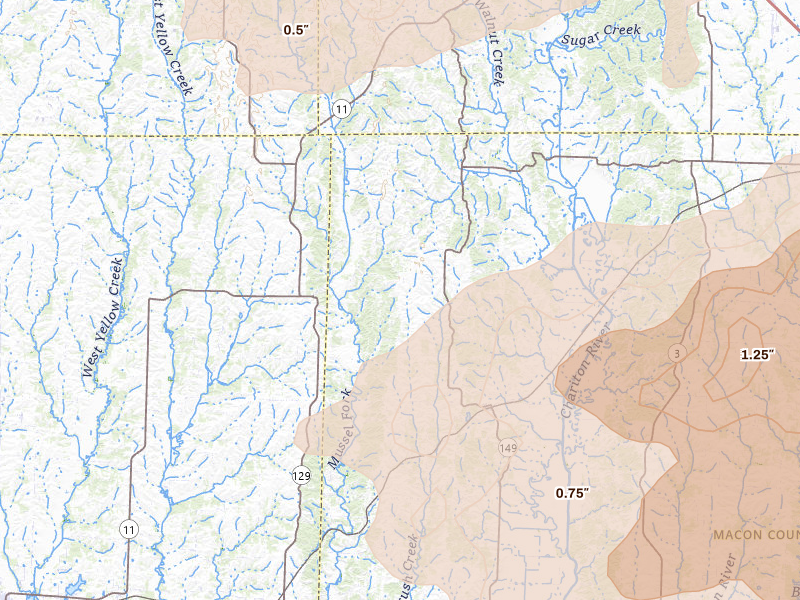 Radar-estimated hail-size map of the storm over Ethel, MO on Jun 11, 2026