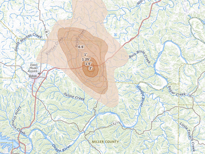 Radar-estimated hail-size map of the storm over Eugene, MO