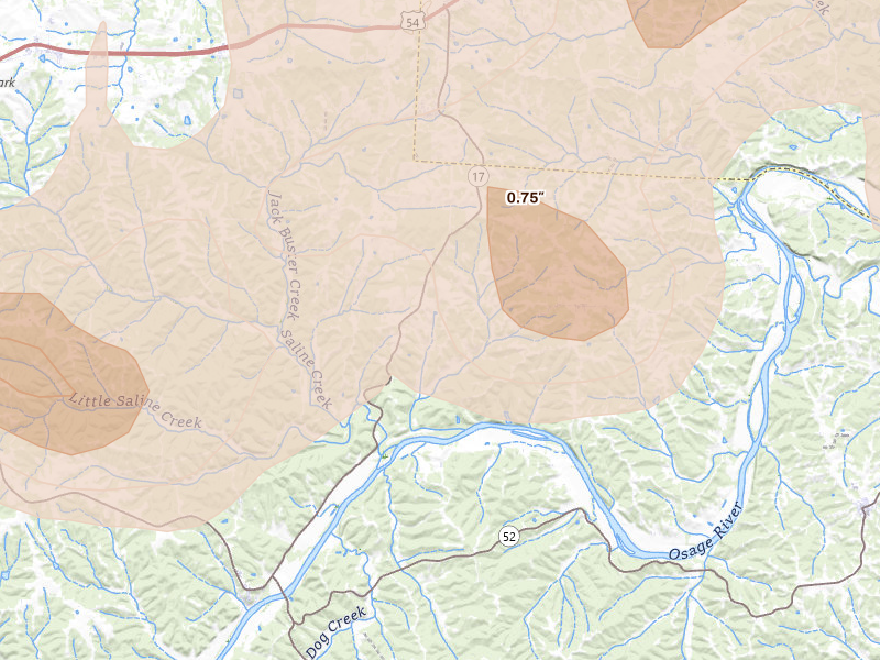 Radar-estimated hail-size map of the storm over Eugene, MO on Apr 27, 2026