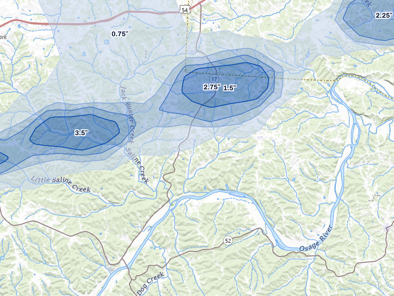 NEXRAD radar-signature map of the hail over Eugene, MO