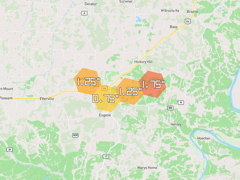 Hail map of Eugene, MO on Jul 4, 2026, hail up to 1.75"