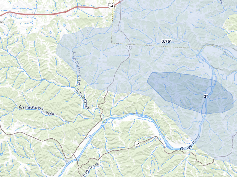 NEXRAD radar-signature map of the hail storm over Eugene, MO on Jul 9, 2026