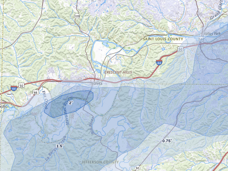 NEXRAD radar-signature map of the hail over Eureka, MO