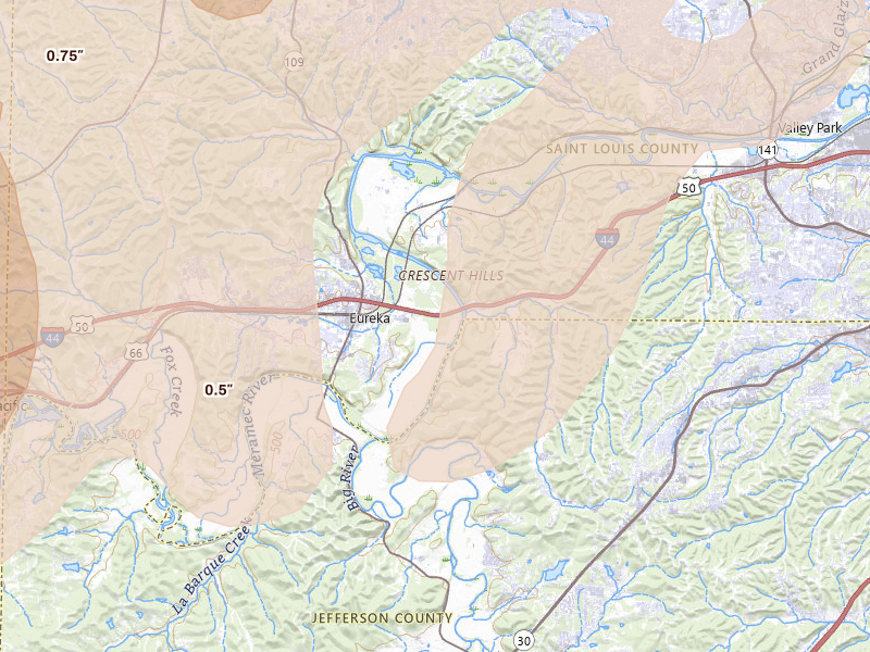 Radar-estimated hail-size map of the storm over Eureka, MO on Apr 27, 2026