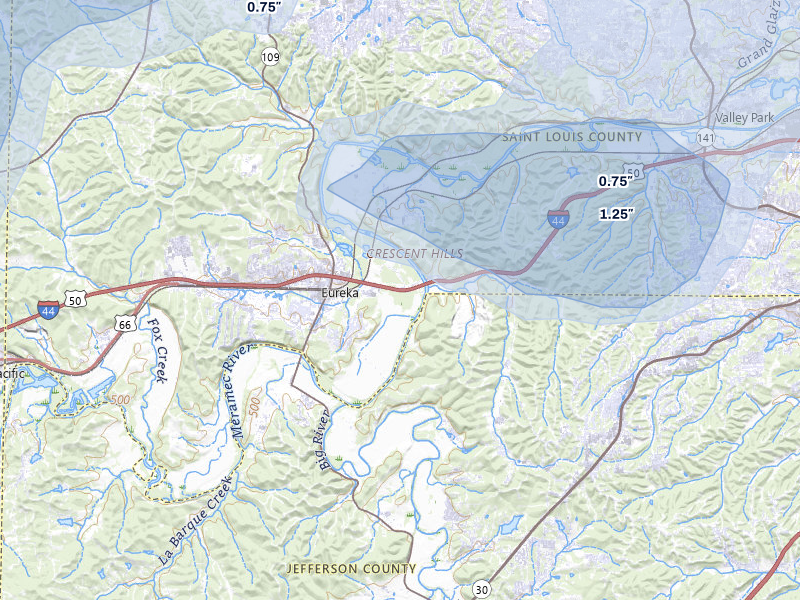 NEXRAD radar-signature map of the hail over Eureka, MO
