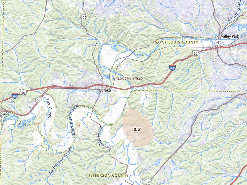 Radar-estimated hail-size map of the storm over Eureka, MO on May 30, 2026