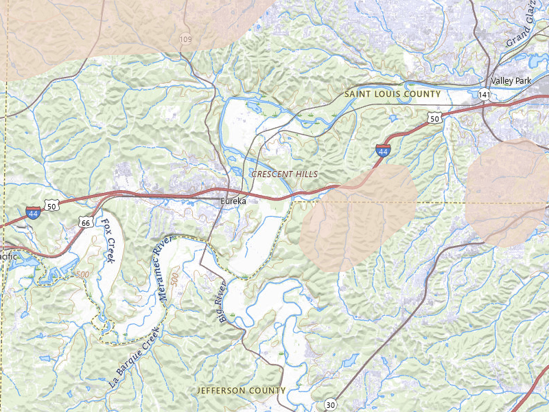Radar-estimated hail-size map of the storm over Eureka, MO on Jul 4, 2026