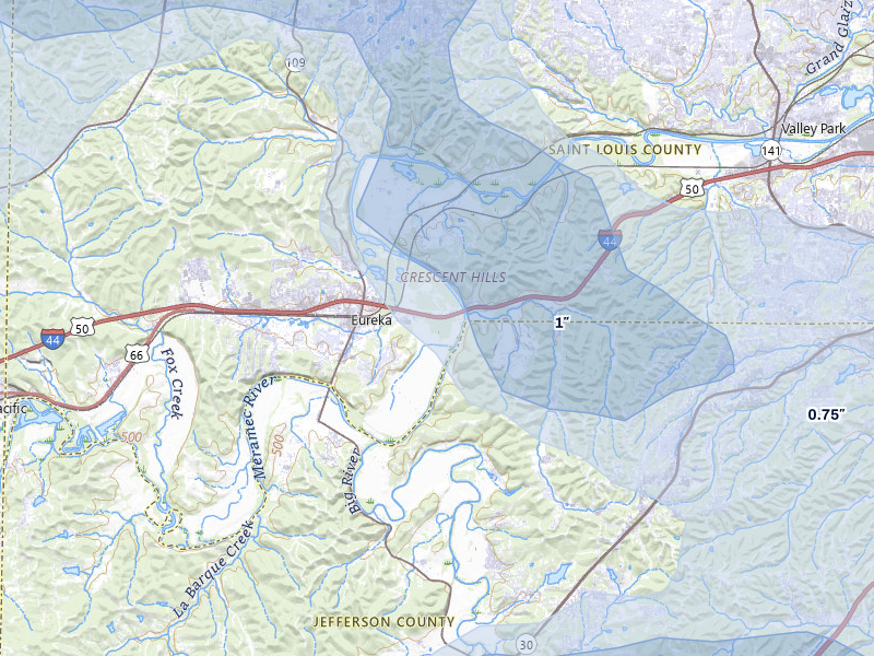 NEXRAD radar-signature map of the hail over Eureka, MO