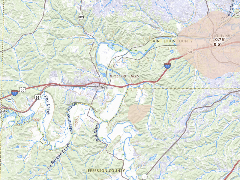 Radar-estimated hail-size map of the storm over Eureka, MO on Jul 10, 2026