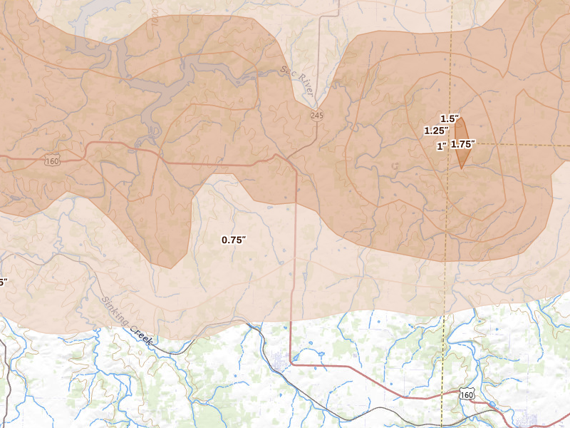 Radar-estimated hail-size map of the storm over Everton, MO on Apr 26, 2026