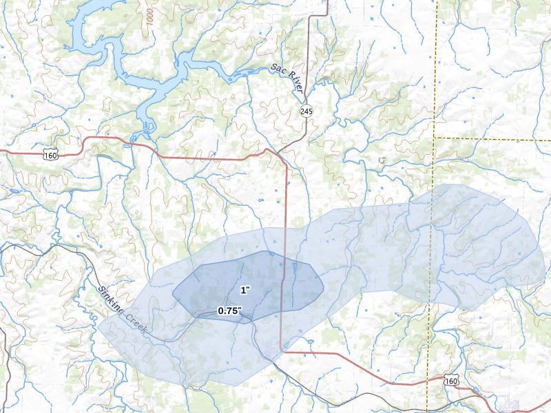 NEXRAD radar-signature map of the hail storm over Everton, MO on Apr 28, 2026