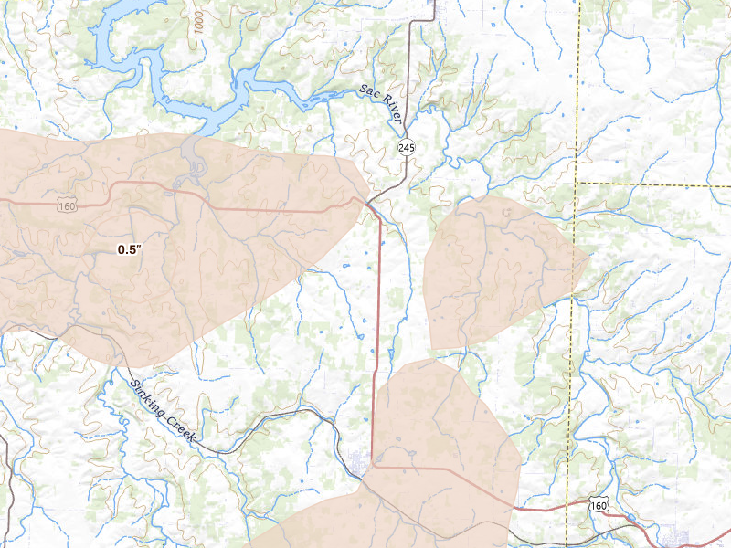 Radar-estimated hail-size map of the storm over Everton, MO on May 30, 2026