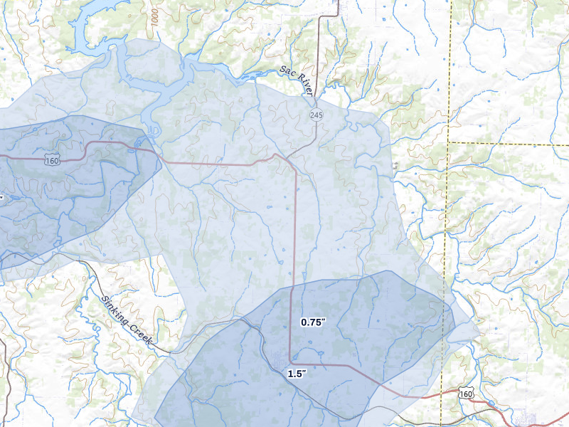NEXRAD radar-signature map of the hail storm over Everton, MO on May 30, 2026